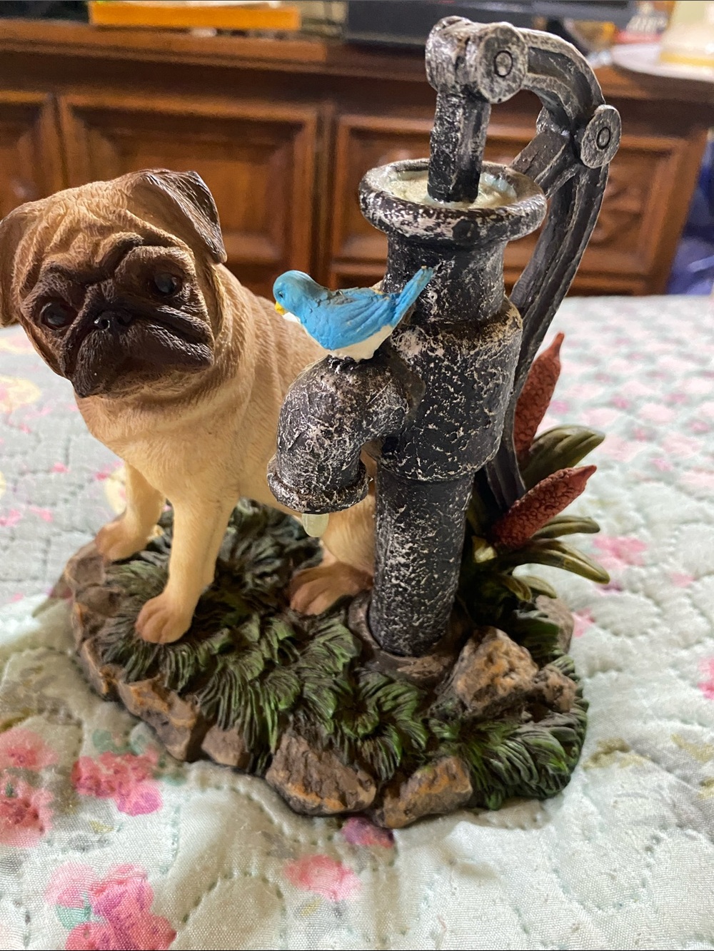 Decorative Ceramic/Resin Pug Puppy With Water Pump and BlueBird